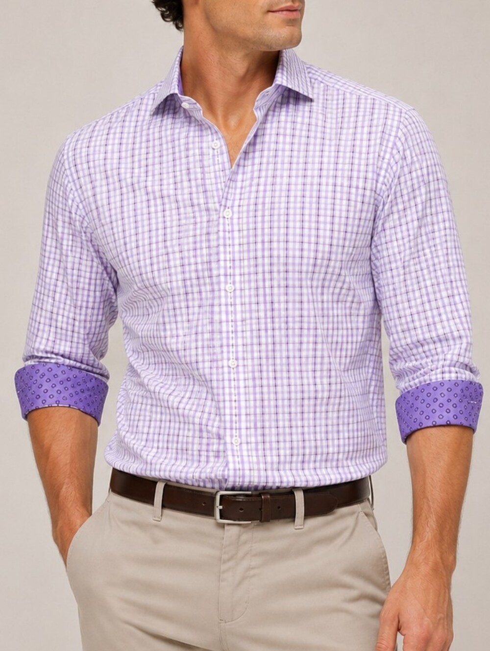 English Laundry Mens Dress Shirt 16.5 32/33 Purple Plaid Cotton Flip Cuff Prep